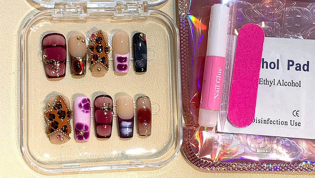 Leopard Star Press On Nails: Purple Pink Marble Rhinestone 3D Design