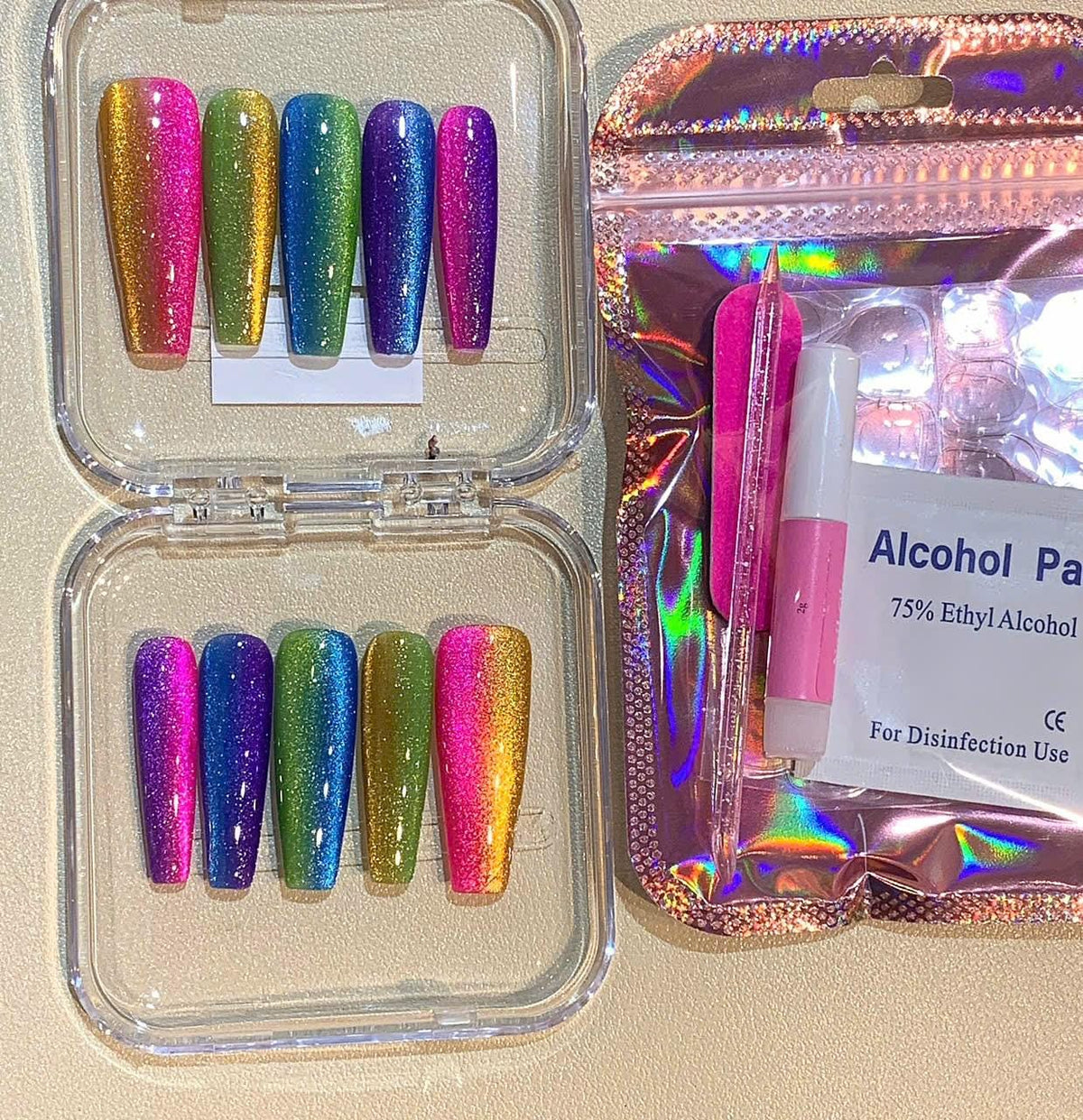 Rainbow Glitter Ombre Press On Nails: Handmade Festival Fake Nail Set