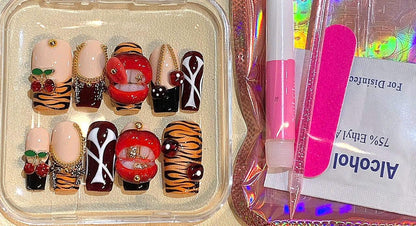 Tiger Print Press On Nails: Red Lips, Cherry Charm, Reusable Nail Art Set