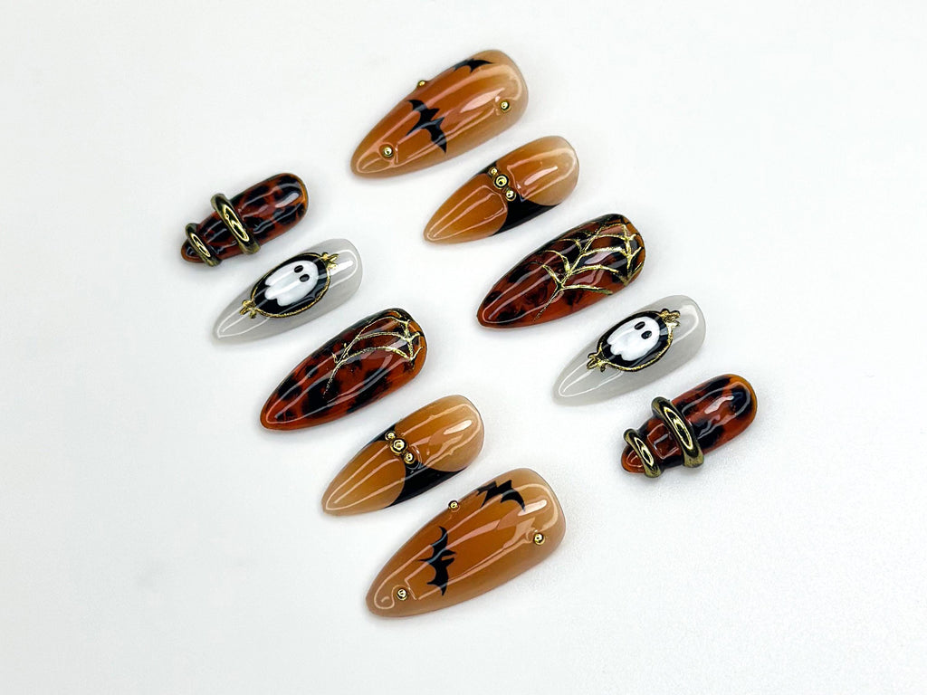 Halloween Bat Ghost Press On Nails | Spooky Spider Web Nail Art | Orange Black Fall Nails | Handmade Gothic Nail Set | JC1122BK