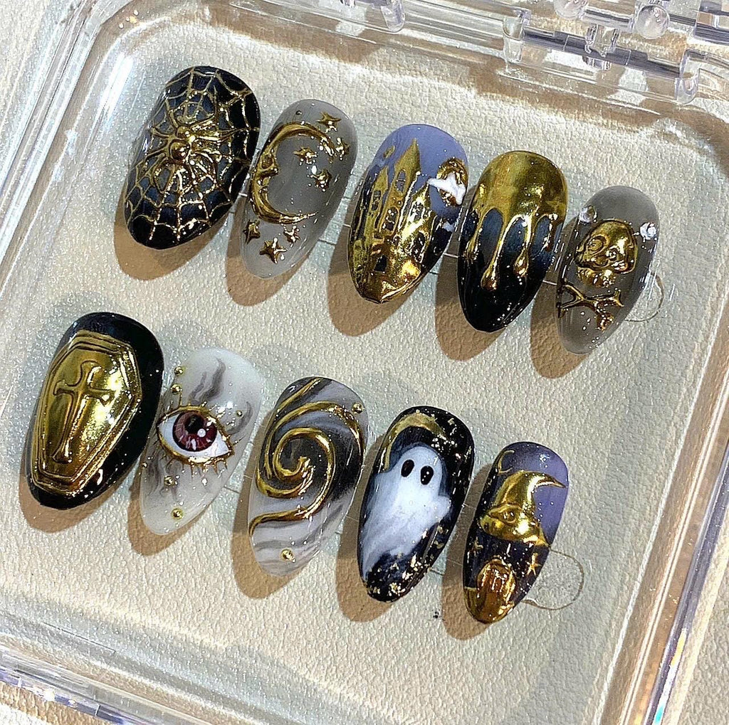 Gold Black Halloween Press On Nails
