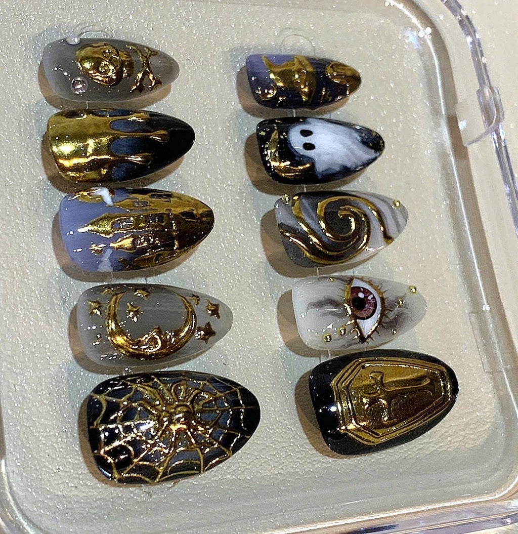 Gold Black Halloween Press On Nails