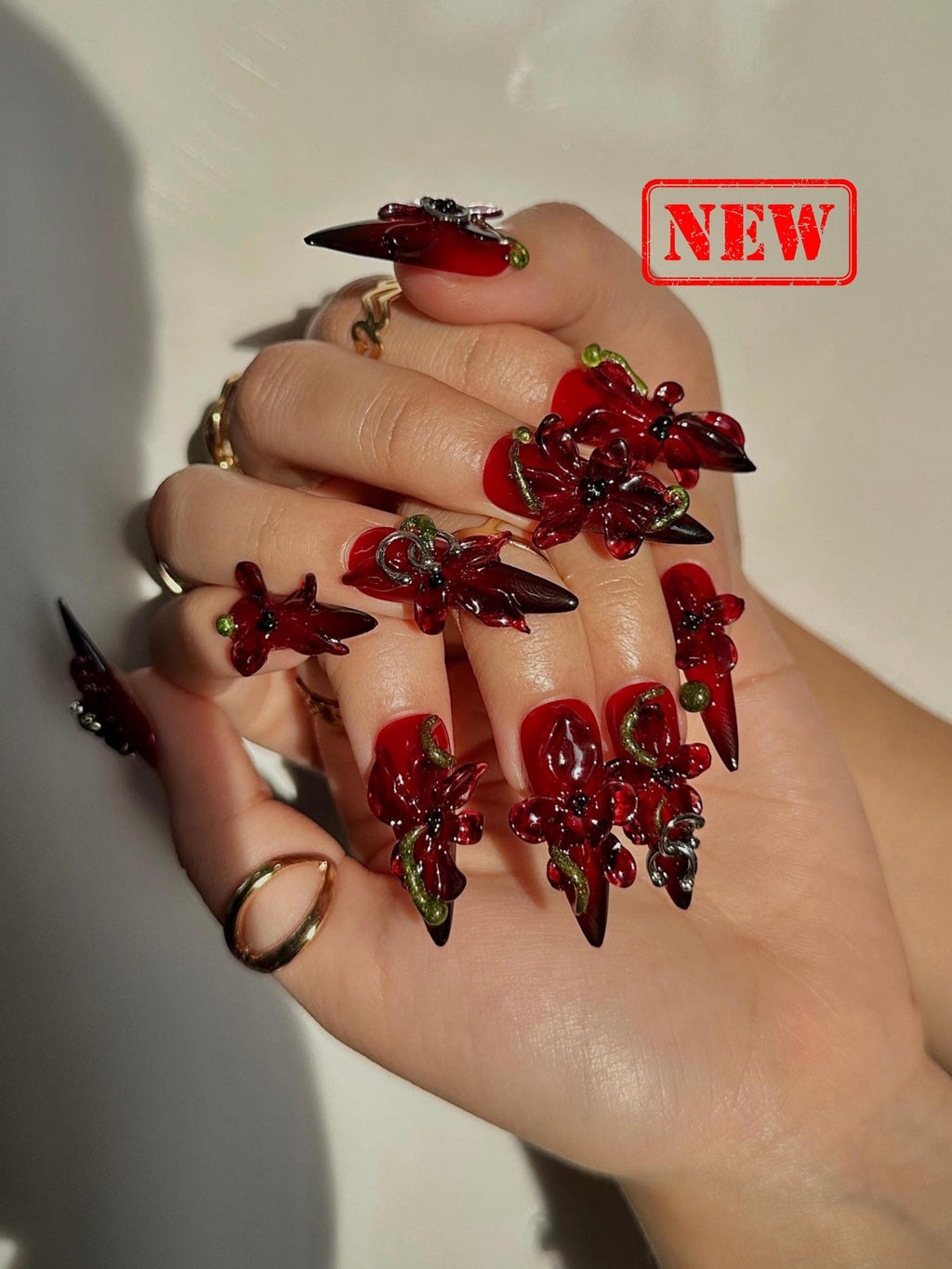 Crimson Orchid Luxury Press On Nails | 3D Dark Floral Nail Art | Red & Black Stiletto Nails | Gothic Glam Press Ons | Party Nail Set|JB113HK