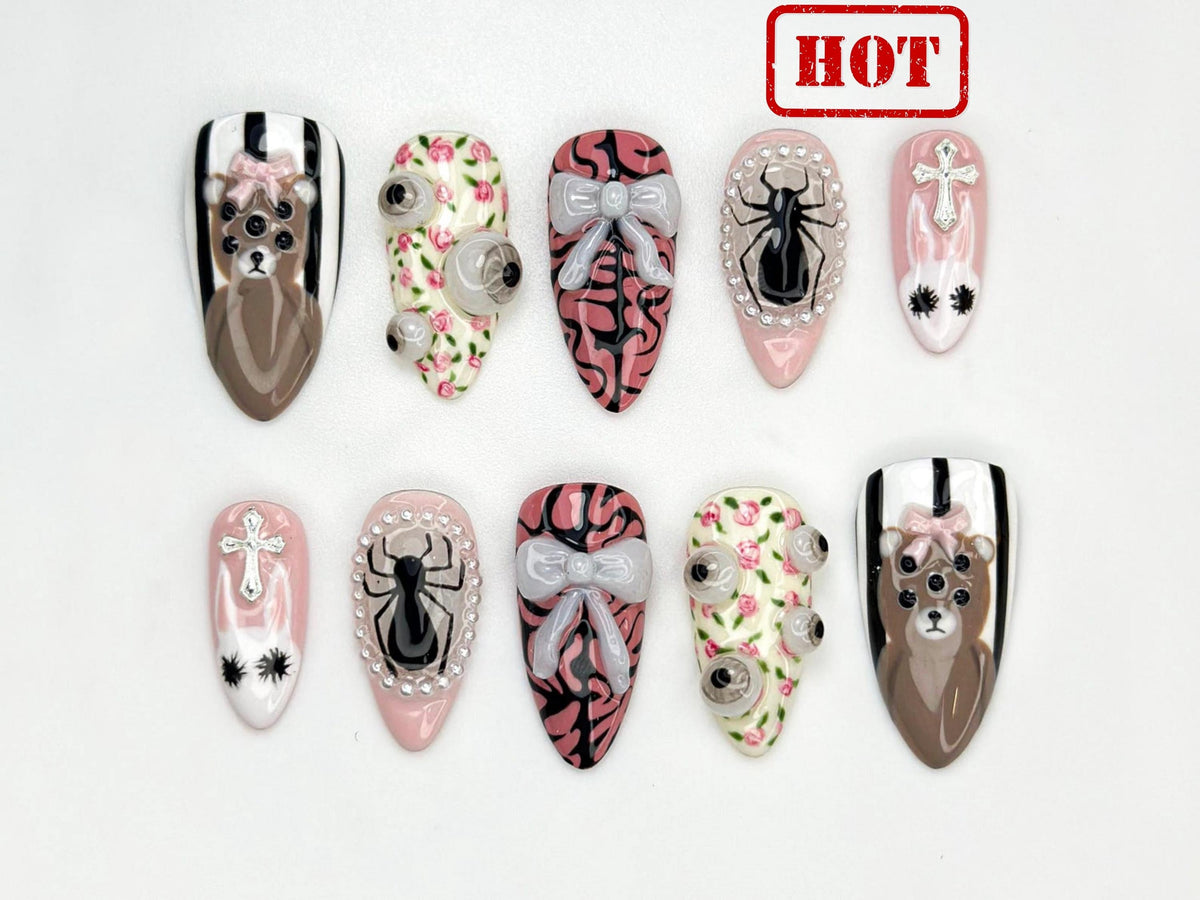 Creepy Cute Teddy Press On Nails | 3D Bear & Bow Nails | Gothic Pastel Floral Nail Art | Soft Horror Pink Press Ons | JB807HC