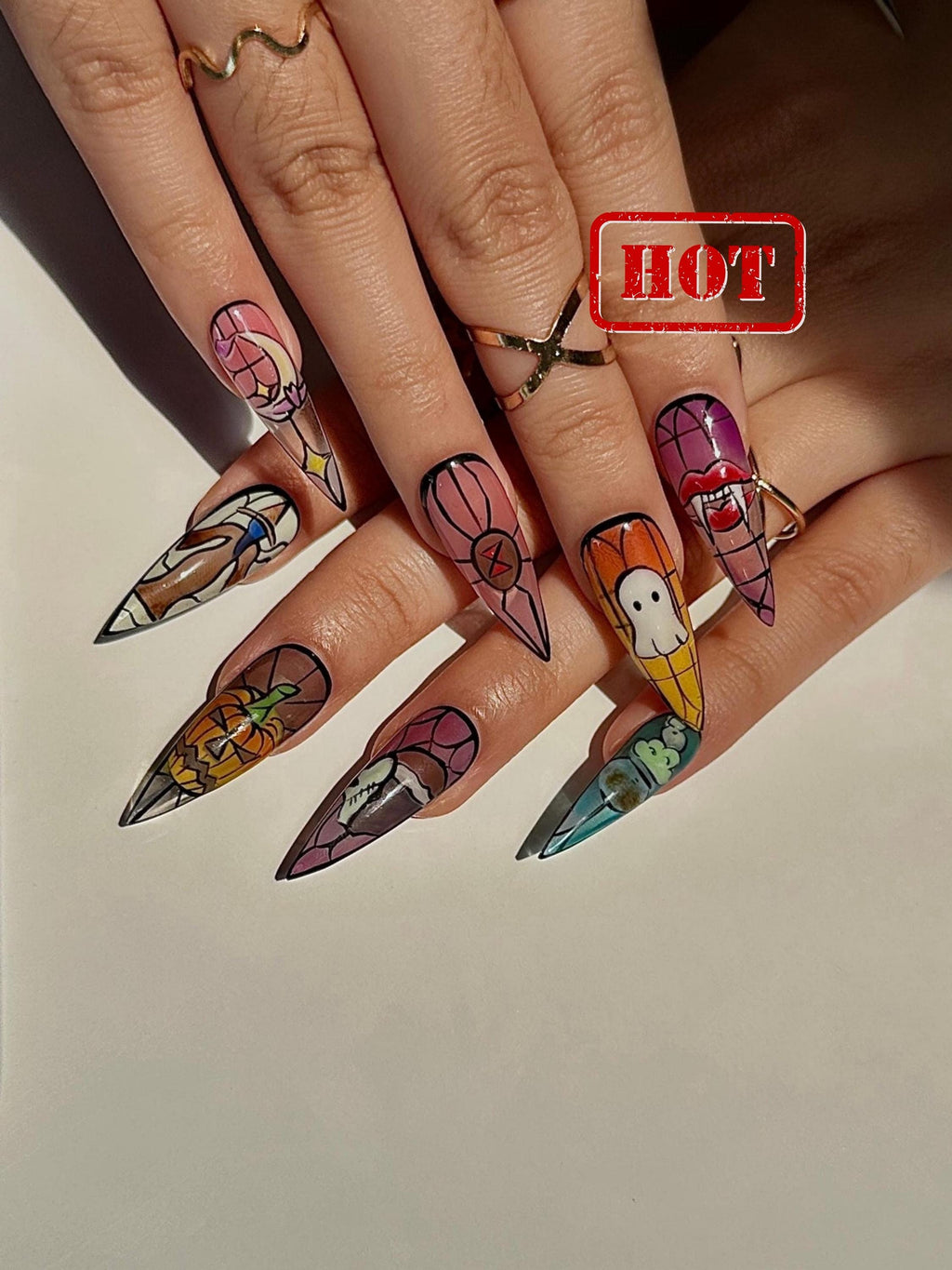 Stained Glass Halloween Press On Nails | Ghost Pumpkin Bat Nail Art | Colorful Spooky Nail Design | Handpainted Halloween Nails | JB111H