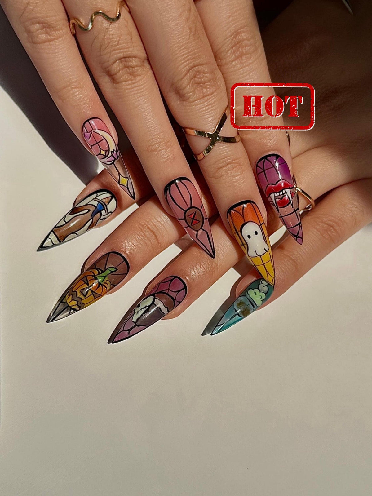 Stained Glass Halloween Press On Nails | Ghost Pumpkin Bat Nail Art | Colorful Spooky Nail Design | Handpainted Halloween Nails | JB111H