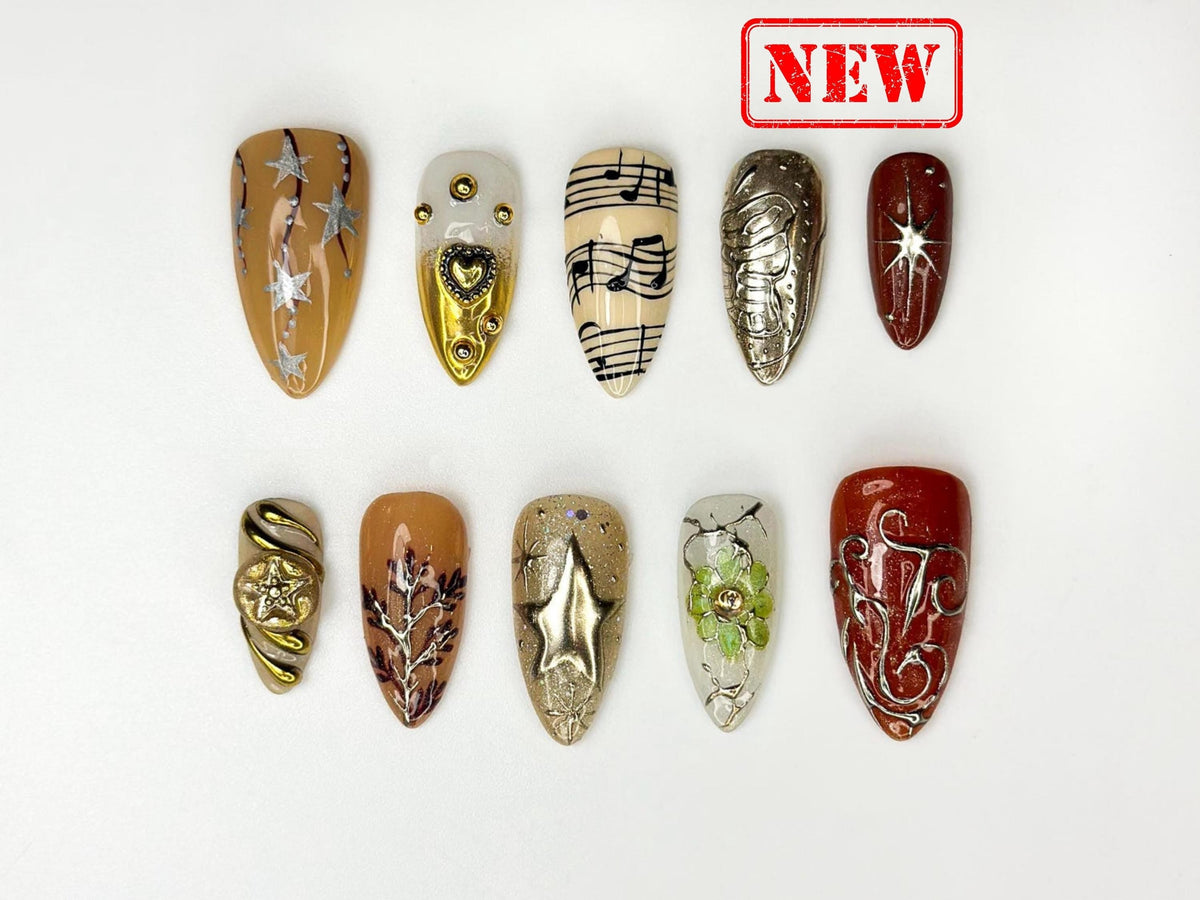 Fall Vibe Press On Nails | Music & Stars Nail Art | Baroque Luxury Handmade Nails | Celestial Nature Inspired | Elegant Nail Set | JB171HC
