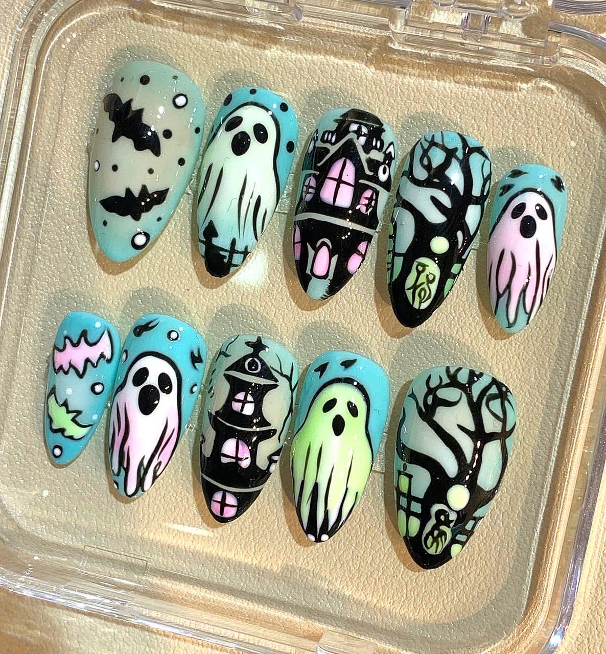 Halloween Ghost Press On Nails – Haunted House & Bat Nail Art – Spooky Handmade False Nails