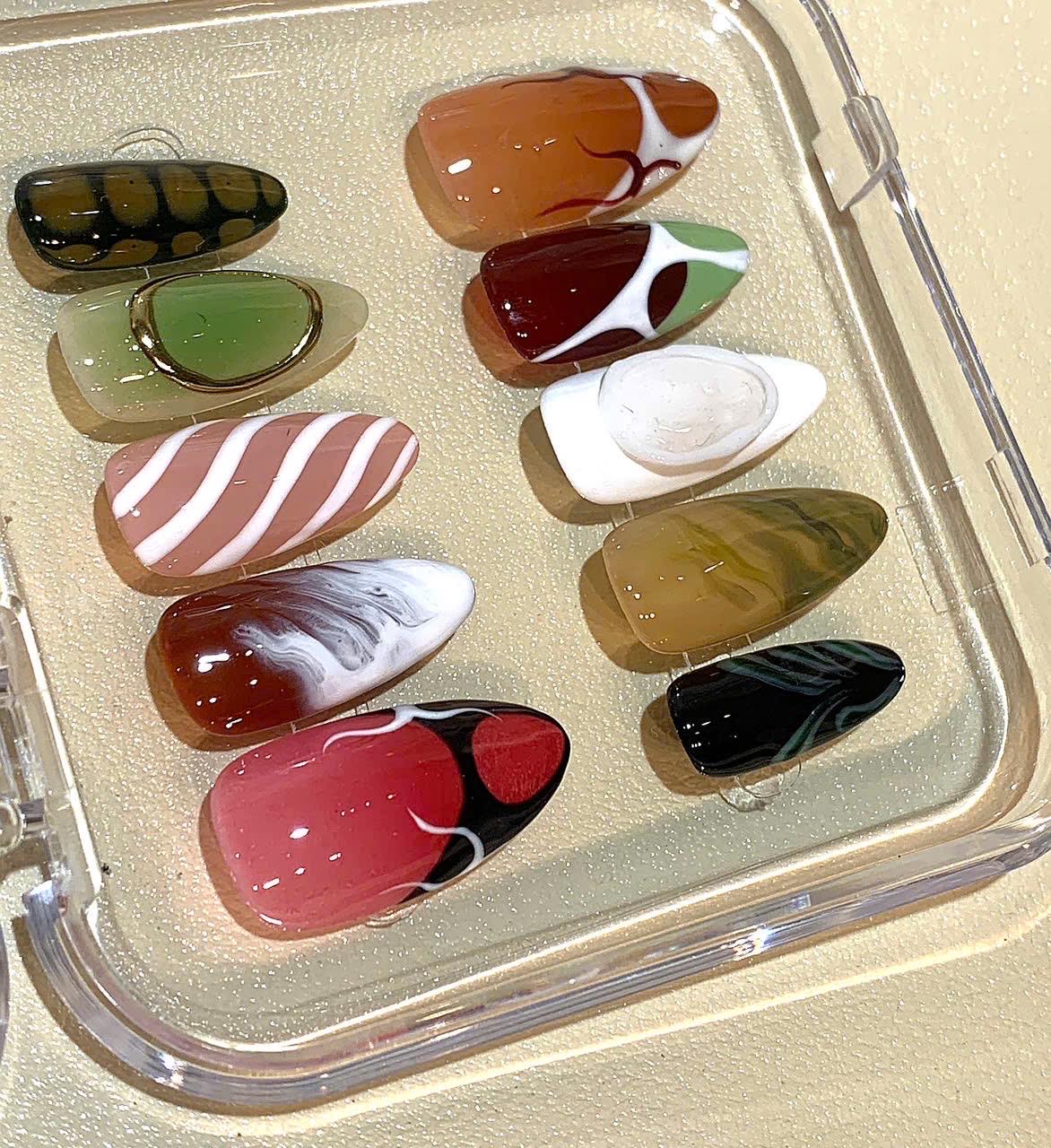 Abstract Press On Nails – Retro Swirl, Marble & Geometric Nail Art – Handmade False Nails