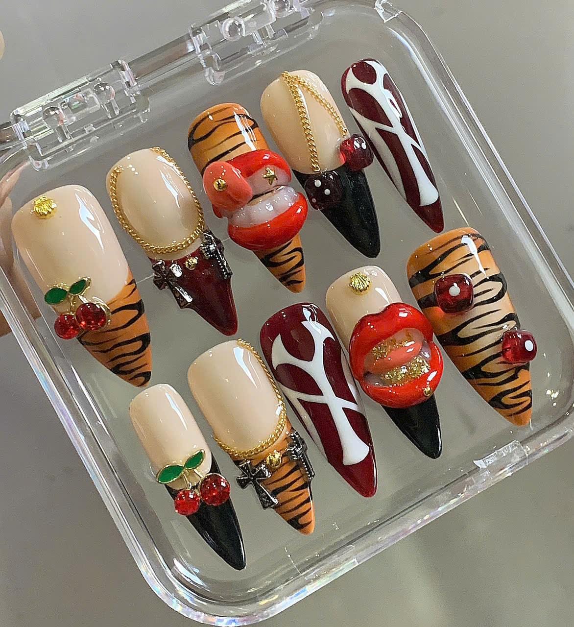 Tiger Print Press On Nails: Red Lips, Cherry Charm, Reusable Nail Art Set