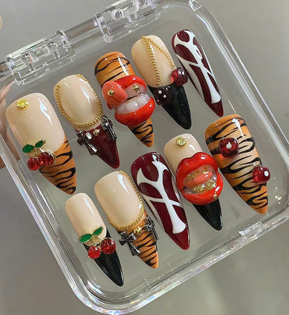 Tiger Print Press On Nails: Red Lips, Cherry Charm, Reusable Nail Art Set