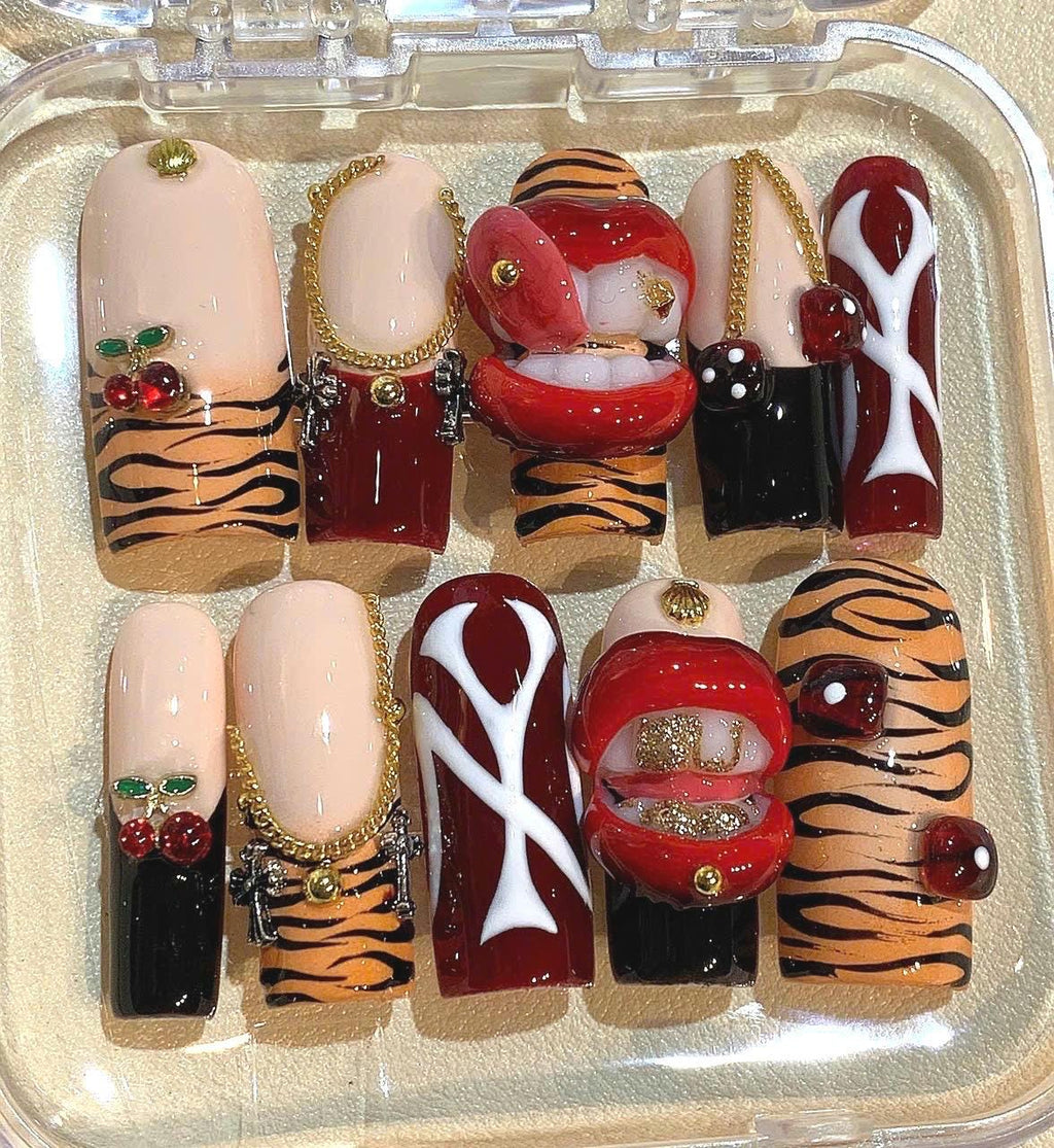 Tiger Print Press On Nails: Red Lips, Cherry Charm, Reusable Nail Art Set