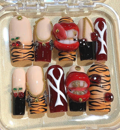 Tiger Print Press On Nails: Red Lips, Cherry Charm, Reusable Nail Art Set