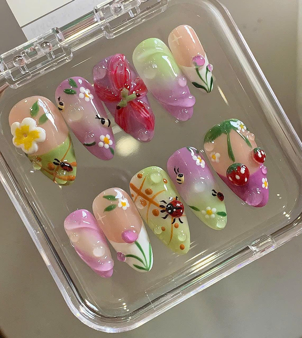 3D Ladybug Press On Nails: Strawberry Floral Stiletto Nail Art