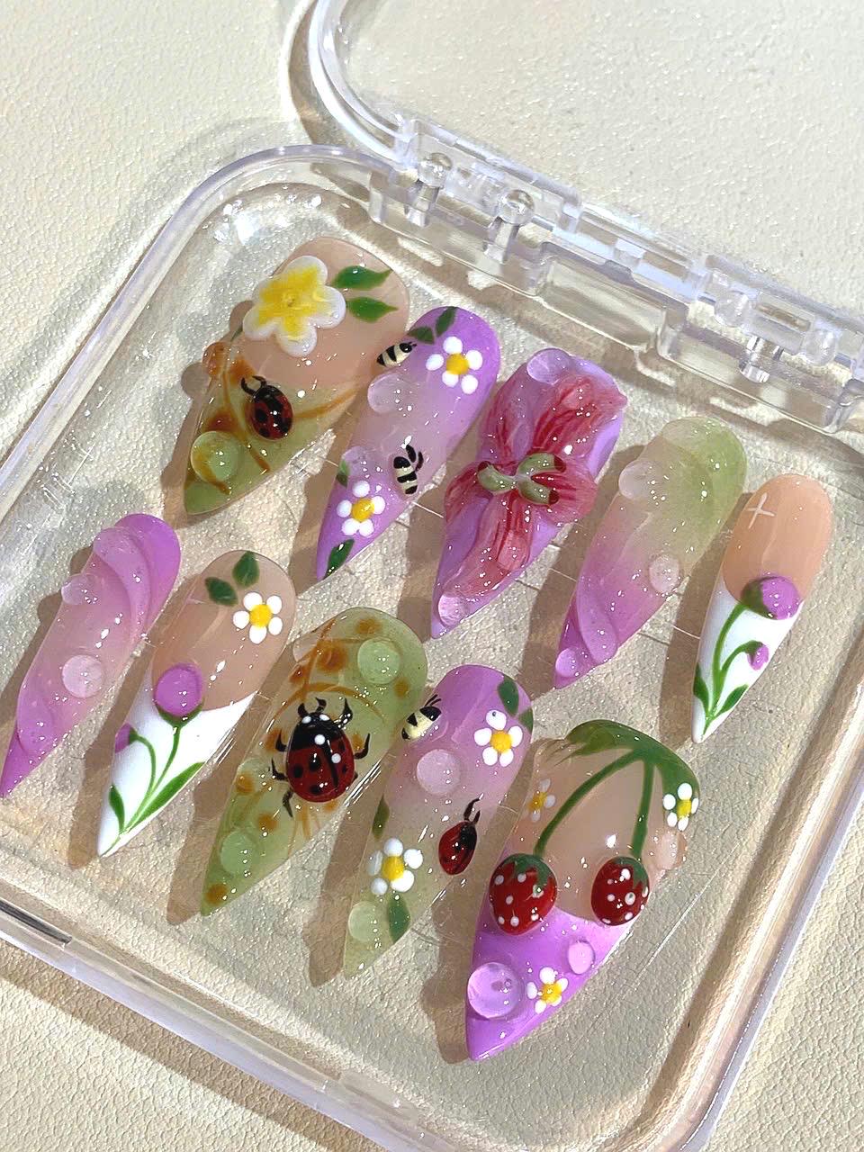 3D Ladybug Press On Nails: Strawberry Floral Stiletto Nail Art