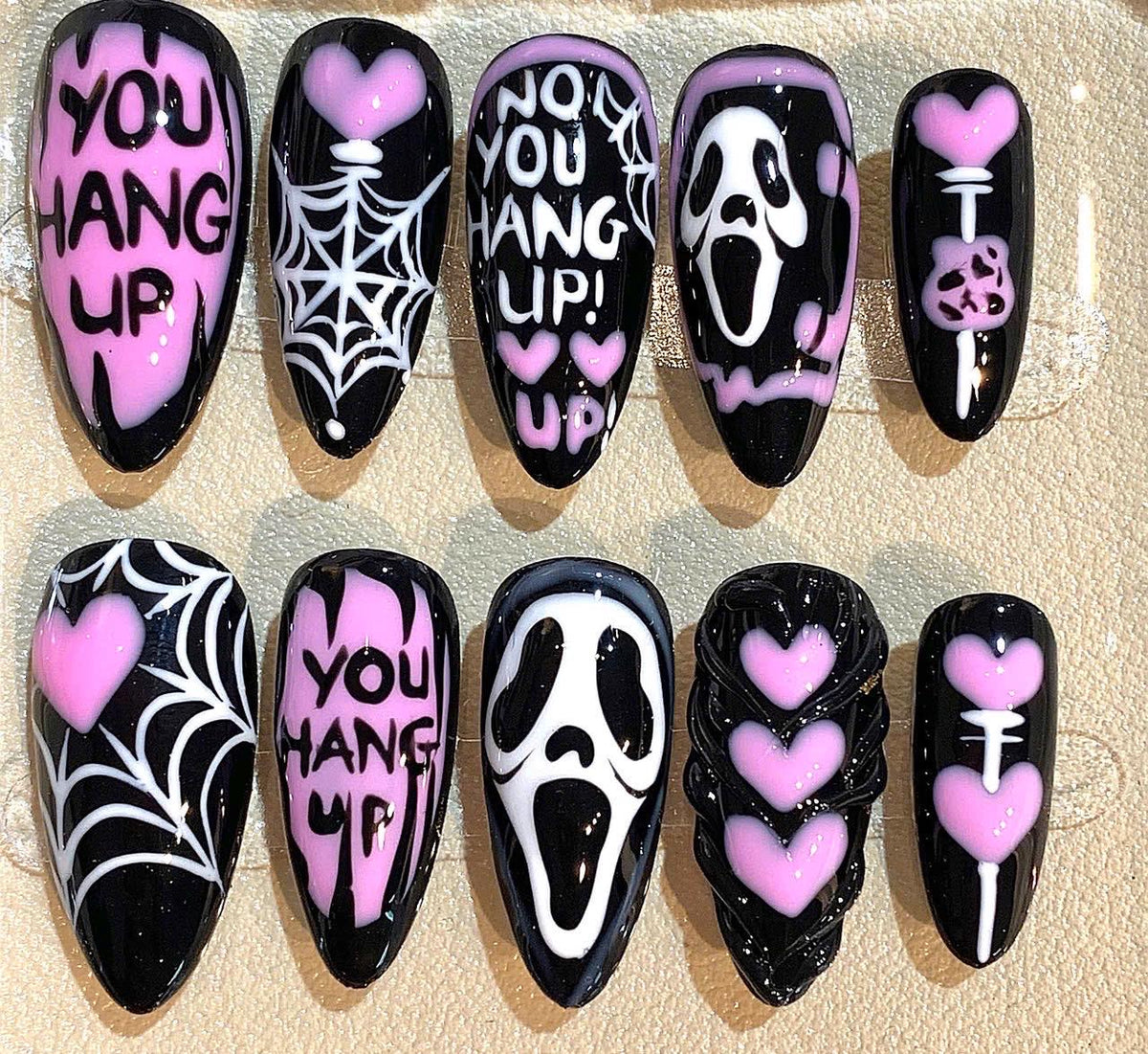Horror Scream Press On Nails: Pink Black Spooky Spider Web Nail Art