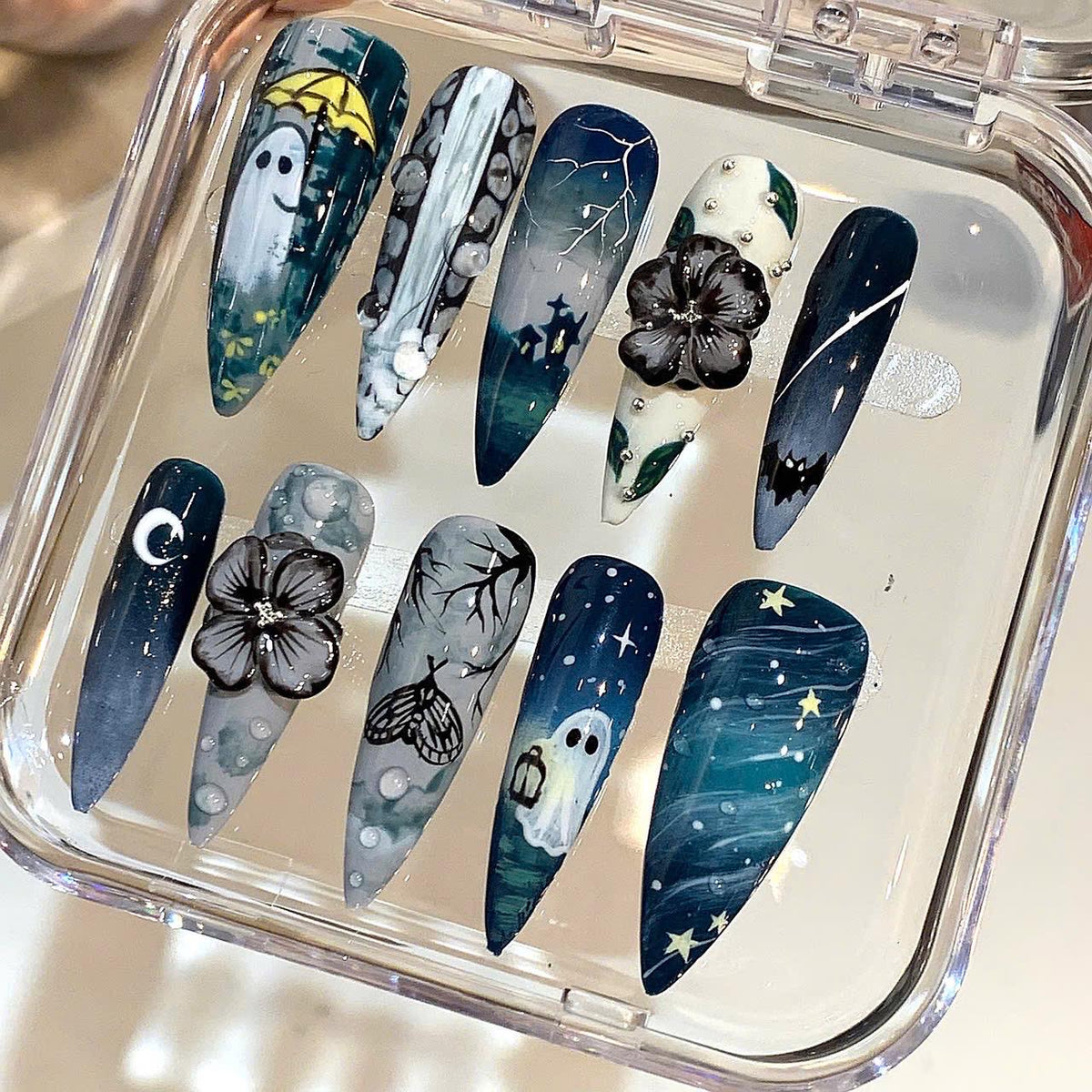 Moonlight Ghost Press On Nails: Hand-Painted Gothic Nail Art Set