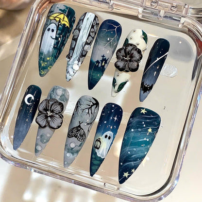 Moonlight Ghost Press On Nails: Hand-Painted Gothic Nail Art Set