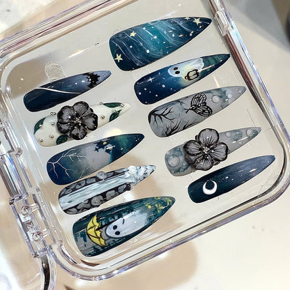 Moonlight Ghost Press On Nails: Hand-Painted Gothic Nail Art Set
