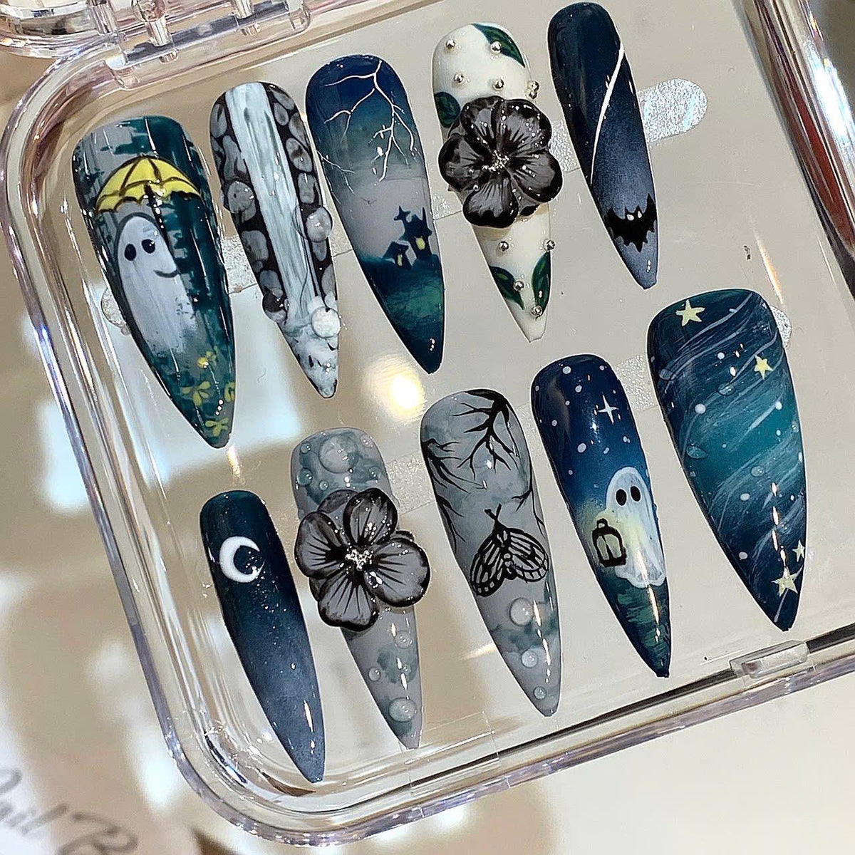 Moonlight Ghost Press On Nails: Hand-Painted Gothic Nail Art Set