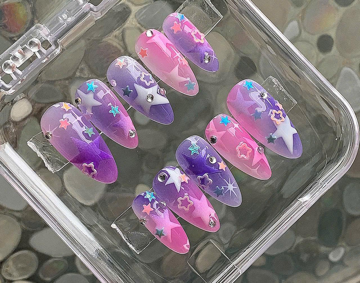 Y2K Star Press On Nails: Purple Pink Cosmic Ombre, Celestial Glitter