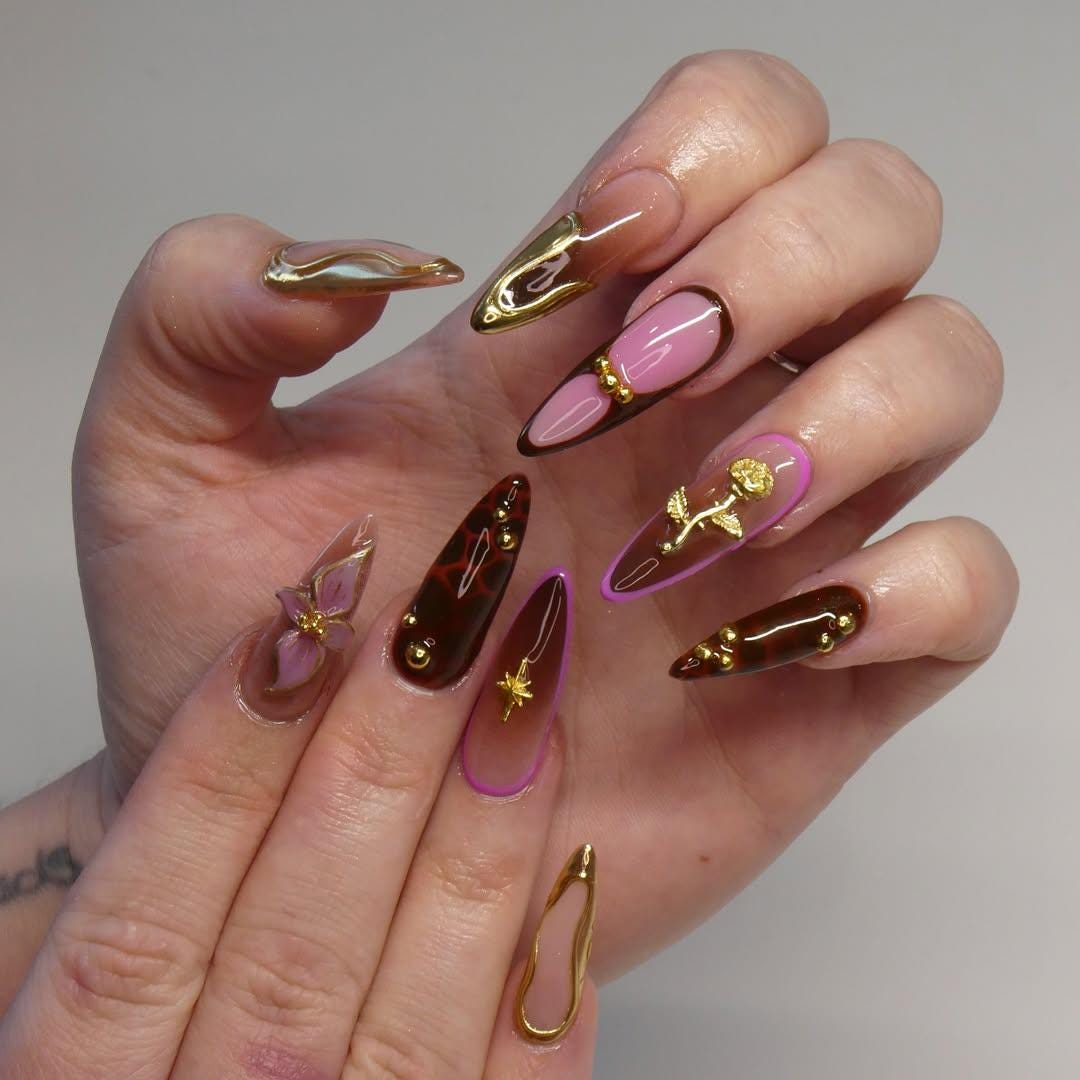 Rosewood Luxe Autumn Press On Nails | Tortoiseshell & Gold Frame Nail Art | 3D Flower Accent Nails | Chic Fall Gradient Nails | JB185EK