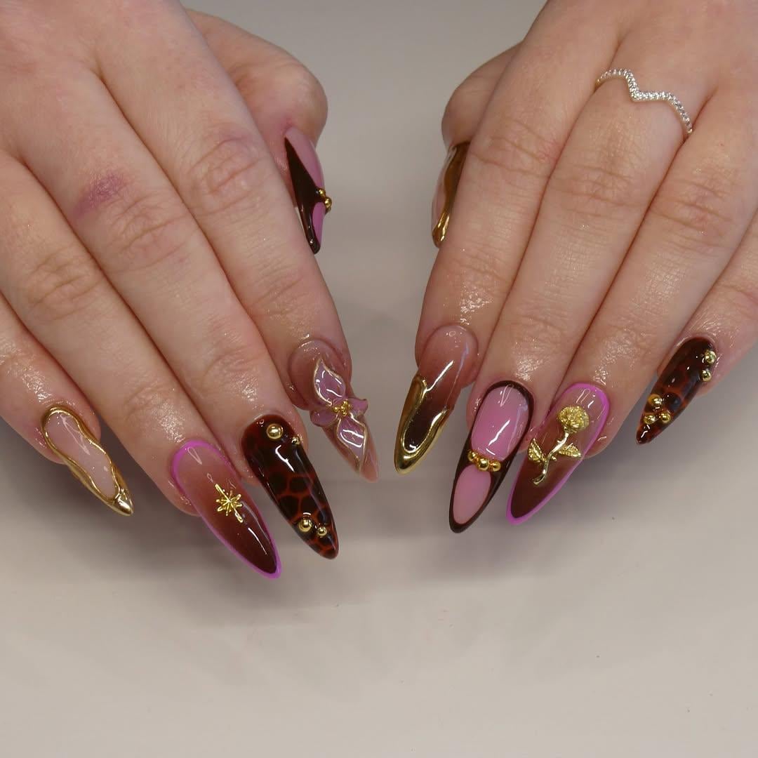Rosewood Luxe Autumn Press On Nails | Tortoiseshell & Gold Frame Nail Art | 3D Flower Accent Nails | Chic Fall Gradient Nails | JB185EK