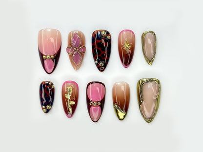Rosewood Luxe Autumn Press On Nails | Tortoiseshell & Gold Frame Nail Art | 3D Flower Accent Nails | Chic Fall Gradient Nails | JB185EK