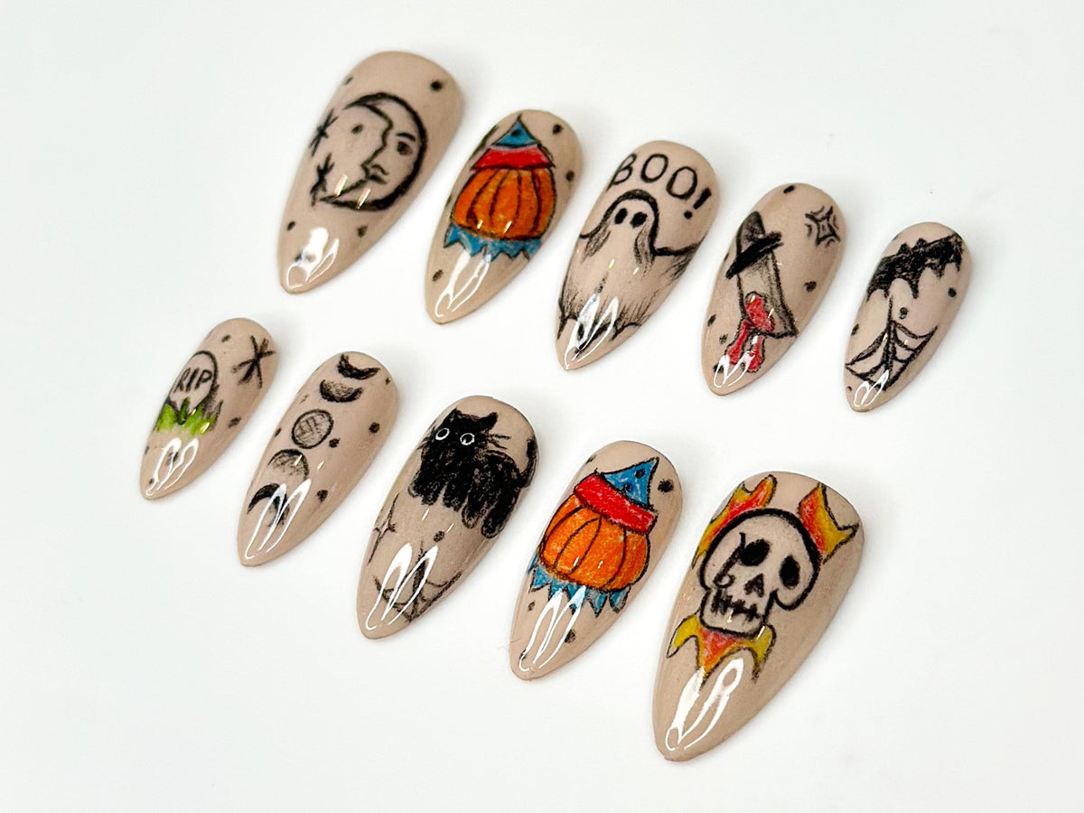 Hand-Painted Halloween Press On Nails | Ghost, Pumpkin, Cat & Skull Nail Art | Unique Handmade Nail | Horror-Inspired Nail Art | JB188HK