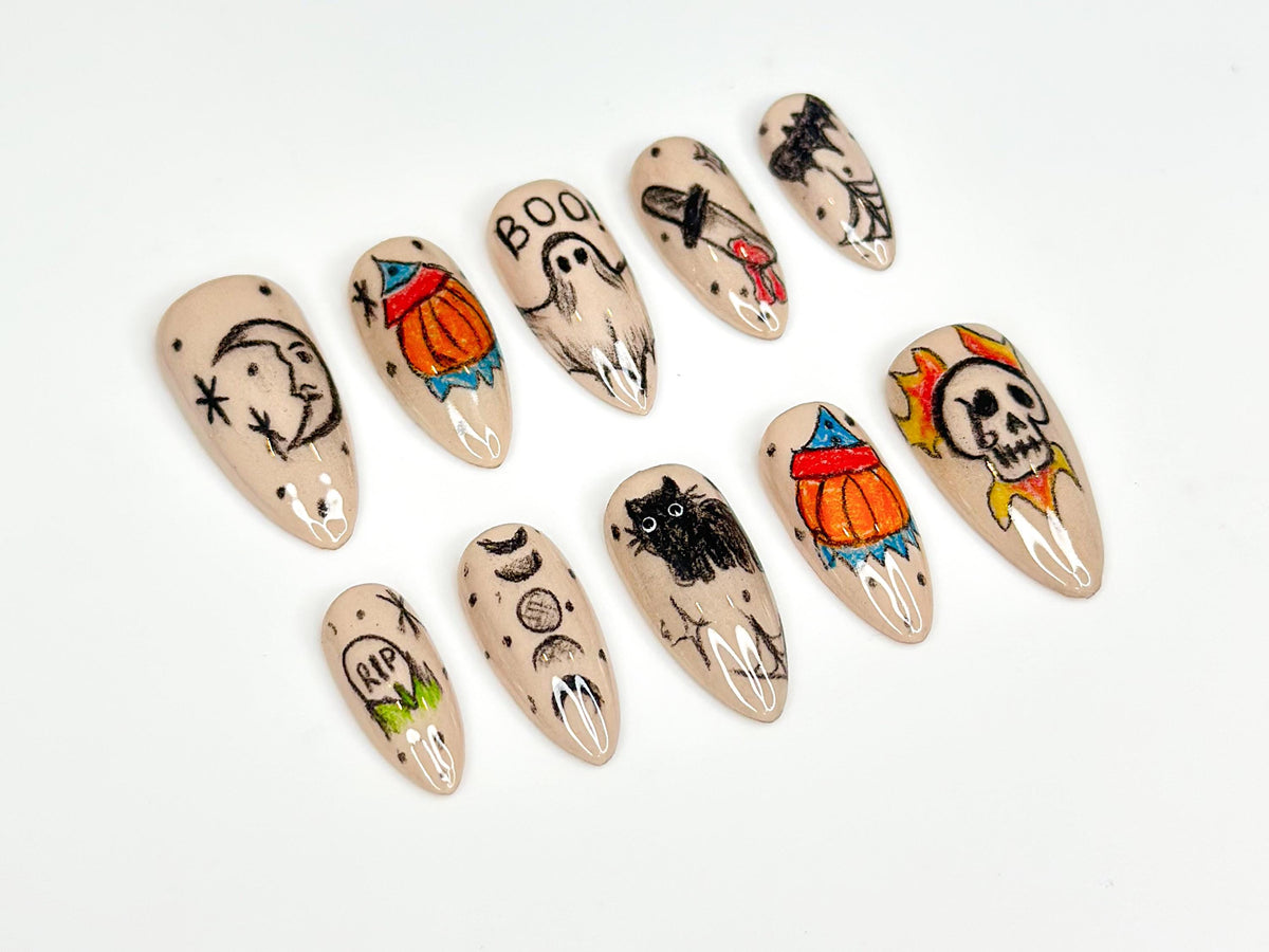 Hand-Painted Halloween Press On Nails | Ghost, Pumpkin, Cat & Skull Nail Art | Unique Handmade Nail | Horror-Inspired Nail Art | JB188HK