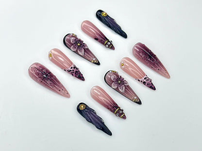 Gothic Floral Ombre Press On Nails | Pink Purple Handmade Nail Set | 3D Flower Nail Art | Elegant Long Nails | Dark Romantic Style| JC1141BK