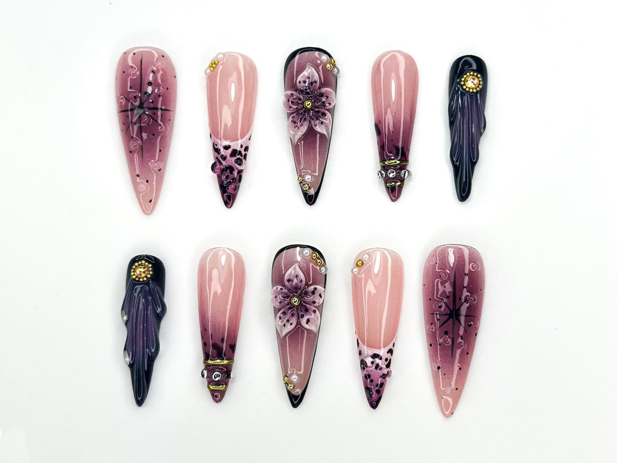 Gothic Floral Ombre Press On Nails | Pink Purple Handmade Nail Set | 3D Flower Nail Art | Elegant Long Nails | Dark Romantic Style| JC1141BK