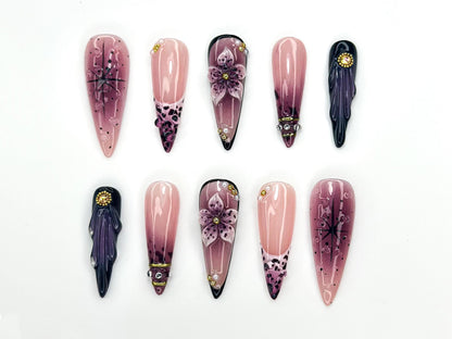 Gothic Floral Ombre Press On Nails | Pink Purple Handmade Nail Set | 3D Flower Nail Art | Elegant Long Nails | Dark Romantic Style| JC1141BK