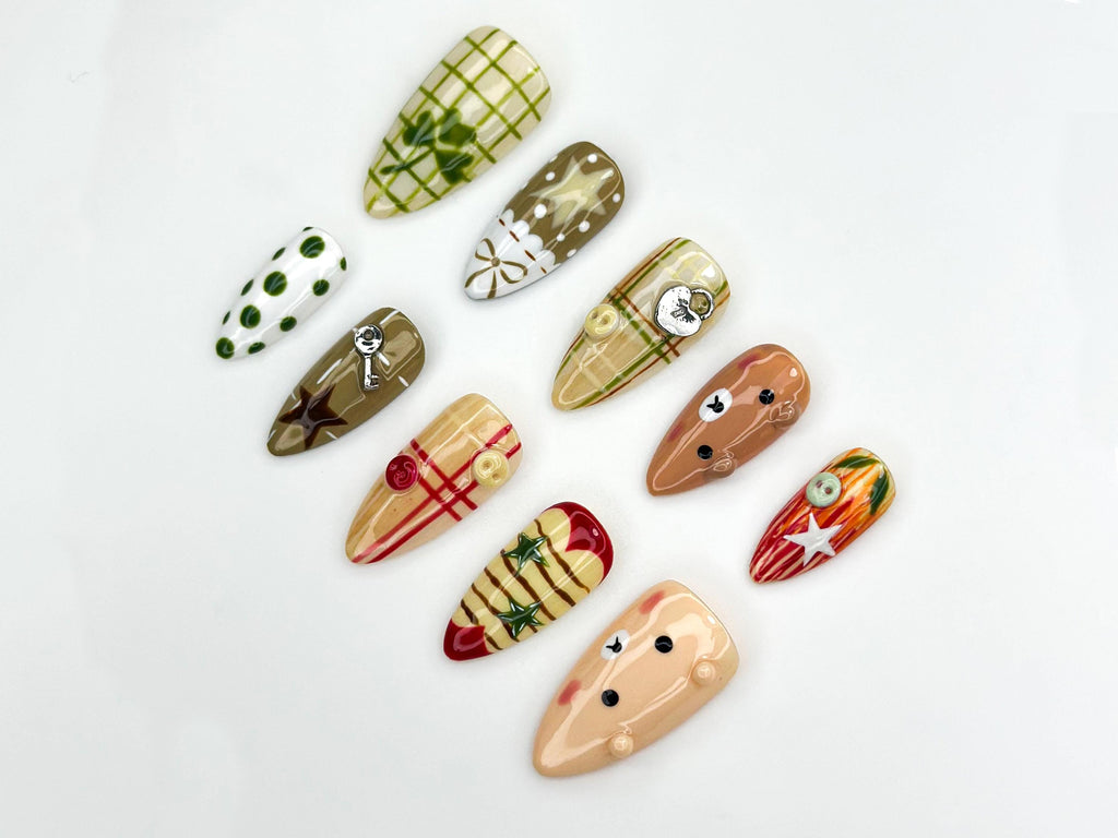 Autumn Picnic Bear Press On Nails | Plaid Forest Nail Art | Olive Green & Caramel Tones | Cozy Fall Bear Nails | JB1169BK