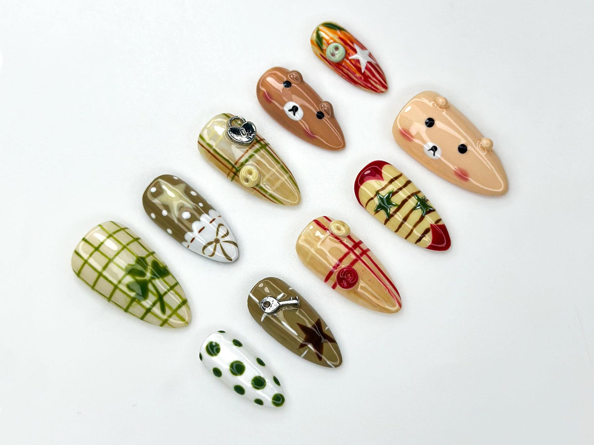 Autumn Picnic Bear Press On Nails | Plaid Forest Nail Art | Olive Green & Caramel Tones | Cozy Fall Bear Nails | JB1169BK