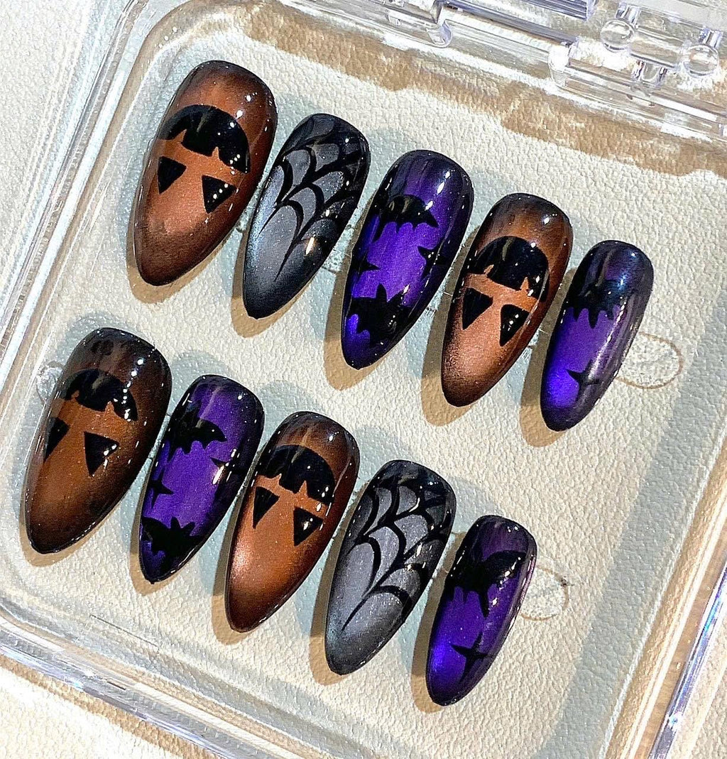 Handmade Halloween Press On Nails: Spooky Bats, Spiderwebs & Jack O' Lanterns