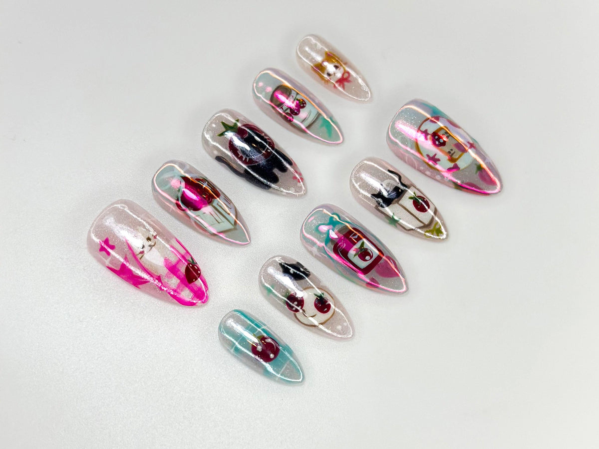 Kawaii Cat Press On Nails | Cherry & Strawberry Nail Art | Cute Handmade Nails | Pink Pearl Nail Set | Anime Inspired Nails | JC1142BC