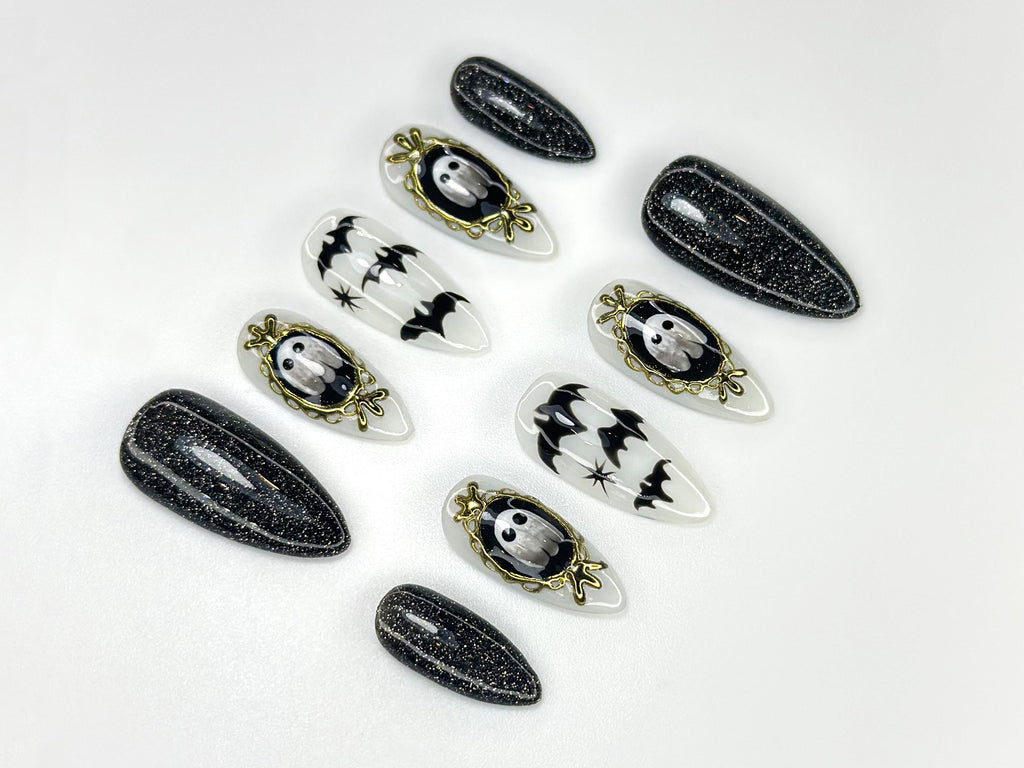 Haunted Mirror Ghost Nails | Gothic Halloween Press Ons | Black Glitter & Bat Nail Art | Handmade Spooky Black Set | JC1143BK