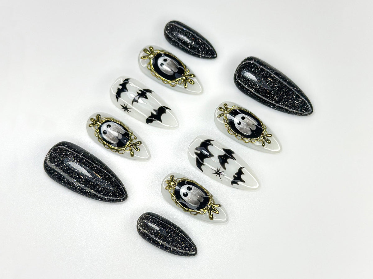 Haunted Mirror Ghost Nails | Gothic Halloween Press Ons | Black Glitter & Bat Nail Art | Handmade Spooky Black Set | JC1143BK