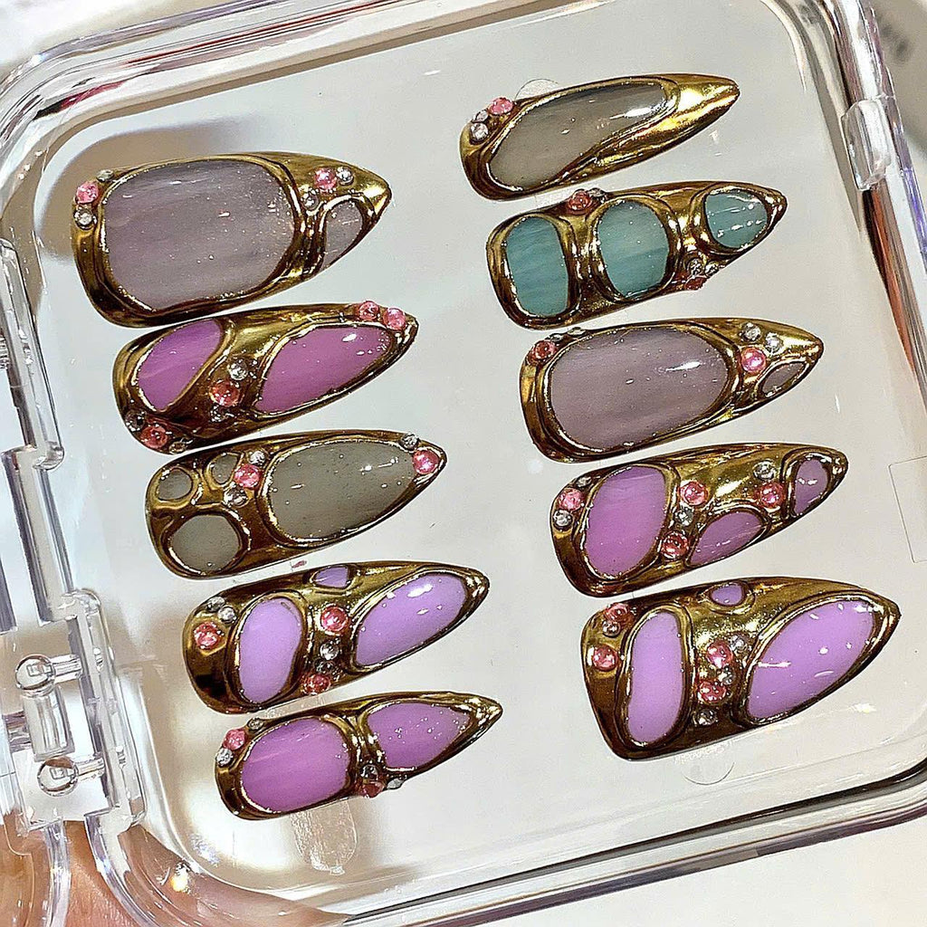 Handmade Gold Frame Press On Nails | Pastel Gel with Rhinestones