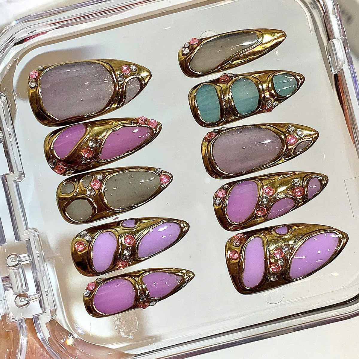 Handmade Gold Frame Press On Nails | Pastel Gel with Rhinestones