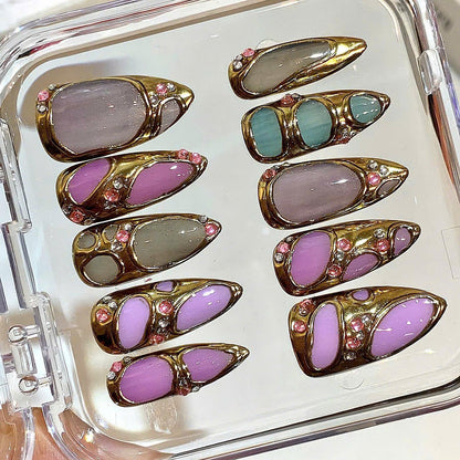 Handmade Gold Frame Press On Nails | Pastel Gel with Rhinestones