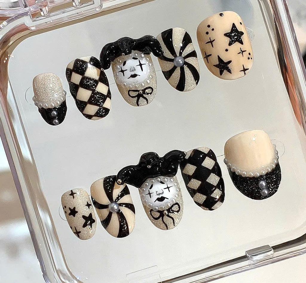 Gothic Harlequin Press On Nails: Black and White Clown Nail Art