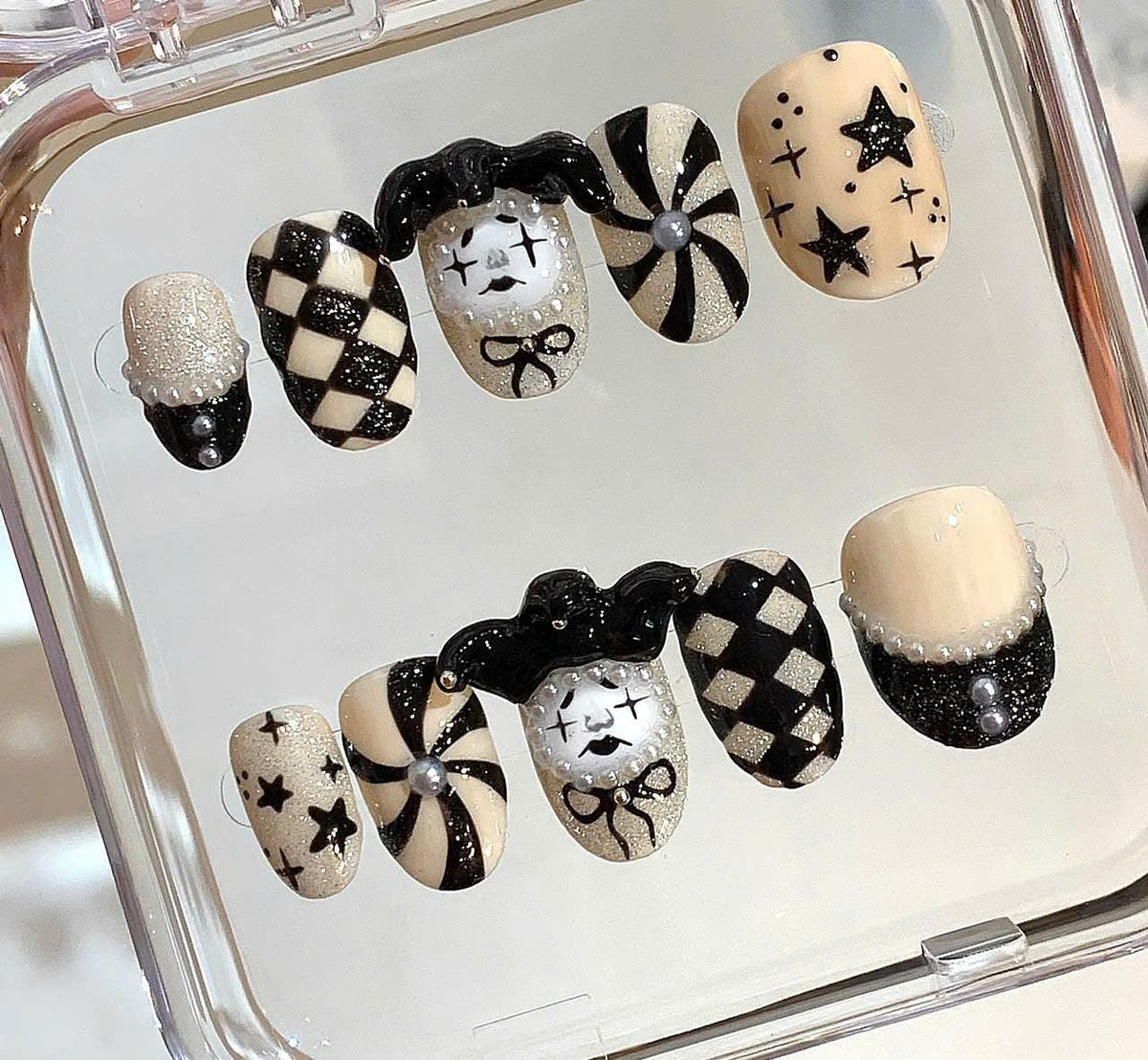 Gothic Harlequin Press On Nails: Black and White Clown Nail Art