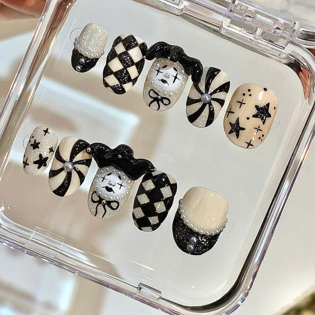 Gothic Harlequin Press On Nails: Black and White Clown Nail Art