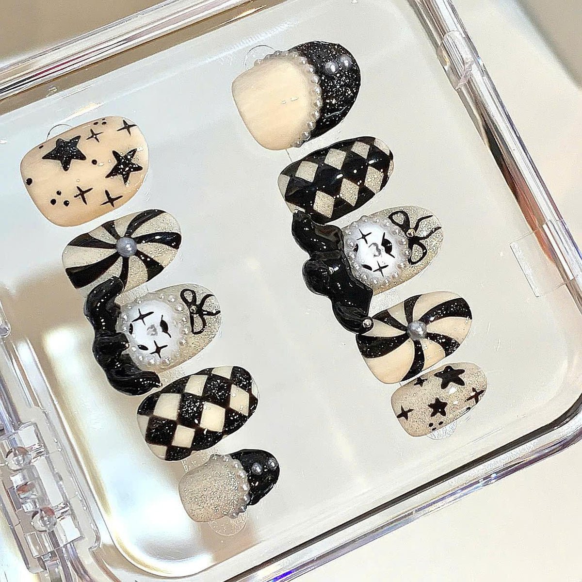 Gothic Harlequin Press On Nails: Black and White Clown Nail Art