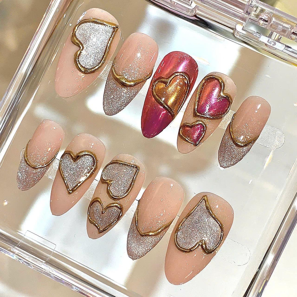 Gold Heart Press On Nails: Silver Glitter Valentine Nail Art Set