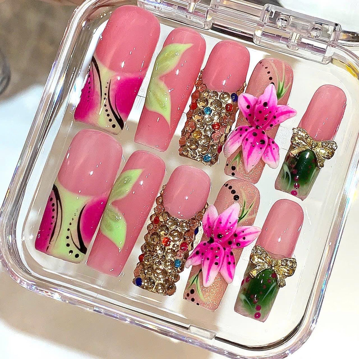 Pink Floral Rhinestone Press On Nails: 3D Flower Bow Nail Art