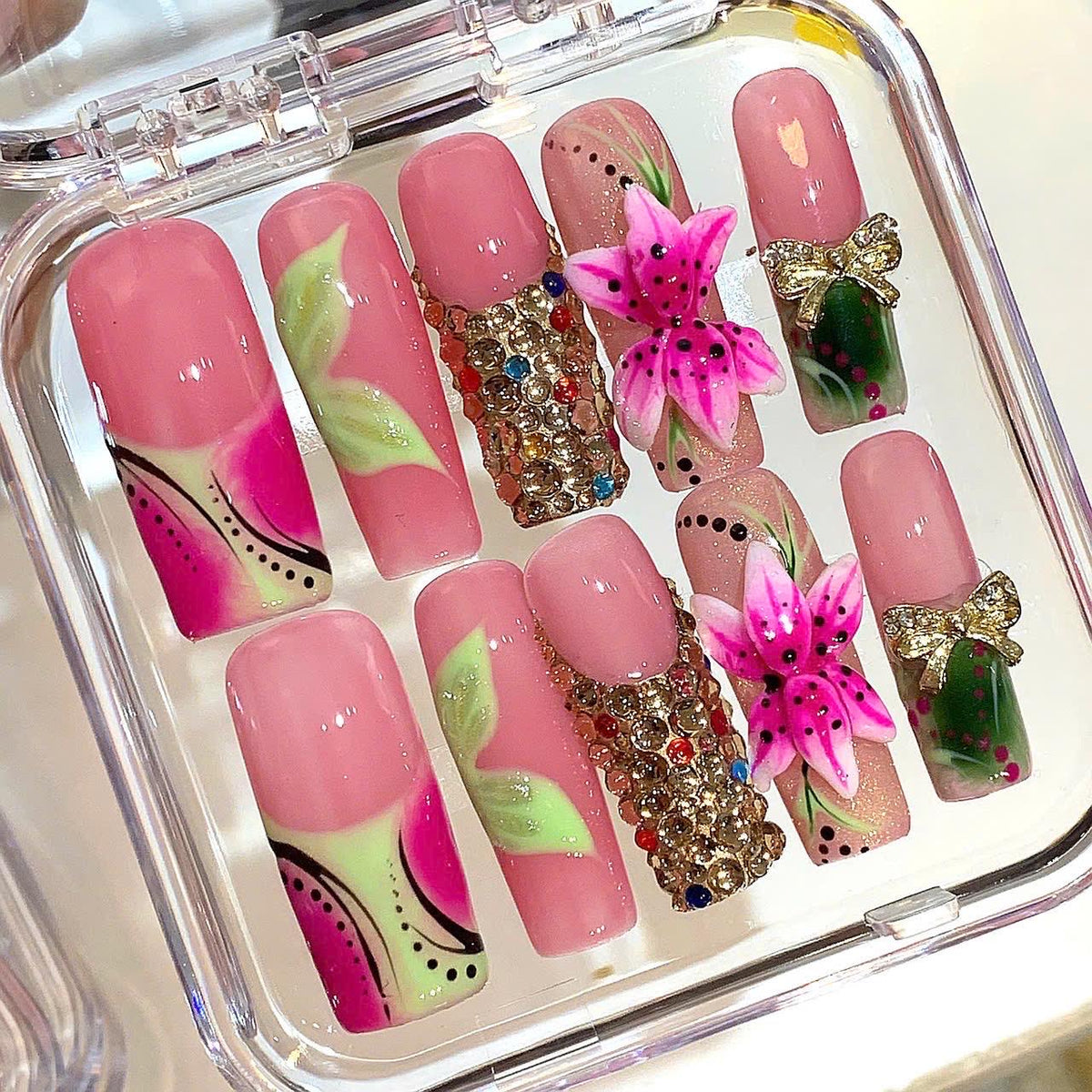 Pink Floral Rhinestone Press On Nails: 3D Flower Bow Nail Art