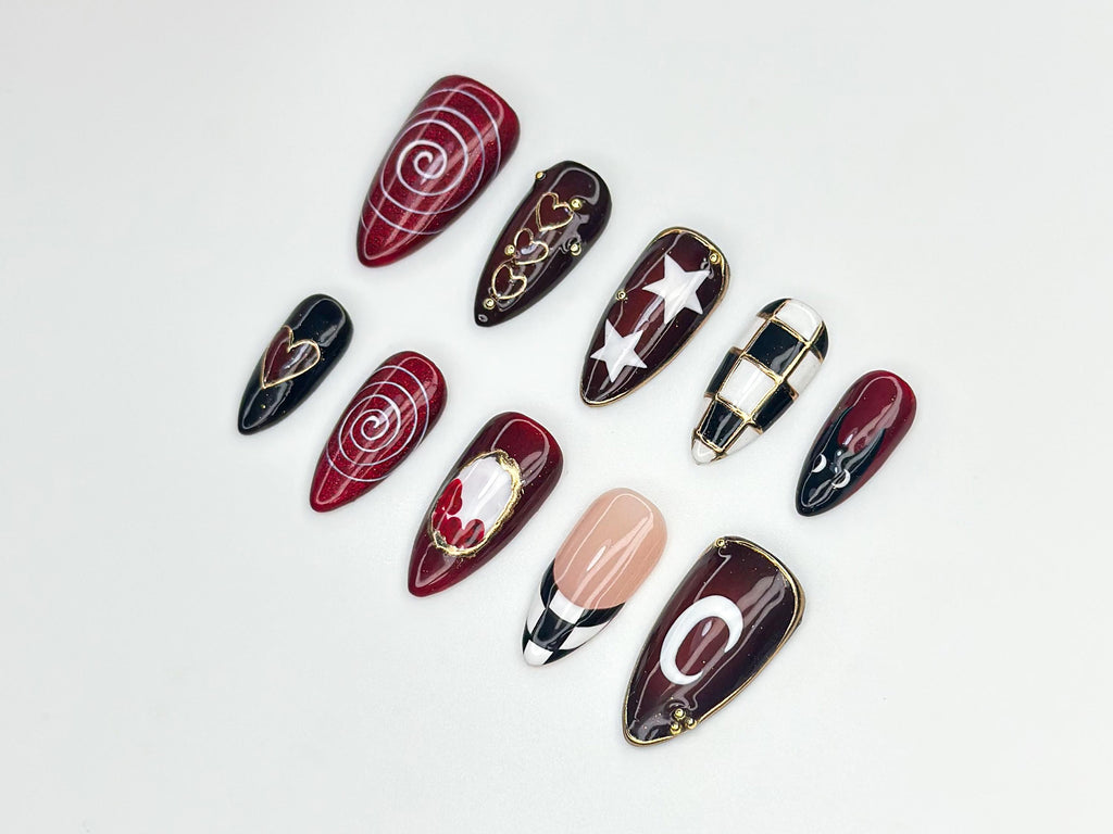 Gothic Carnival Press On Nails | Red Black Swirl & Heart Nail Art | Checkerboard Gothic Nail Set | Handmade Cosplay Nails | JC1149BC